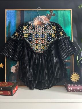 Zara Woman Embroidered Black Metallic Bell Sleeve Boho Blouse L